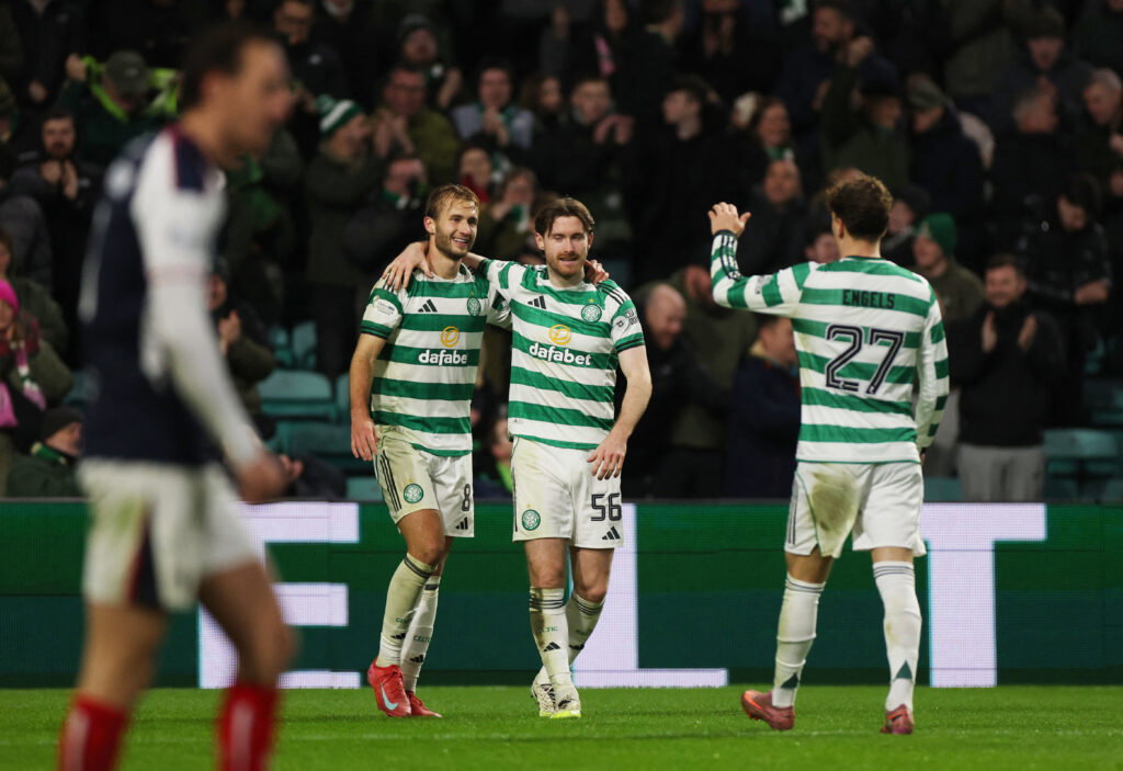 Celtic FC Benjamin Nygren, Anthony Ralston and Arne Engels celebrate