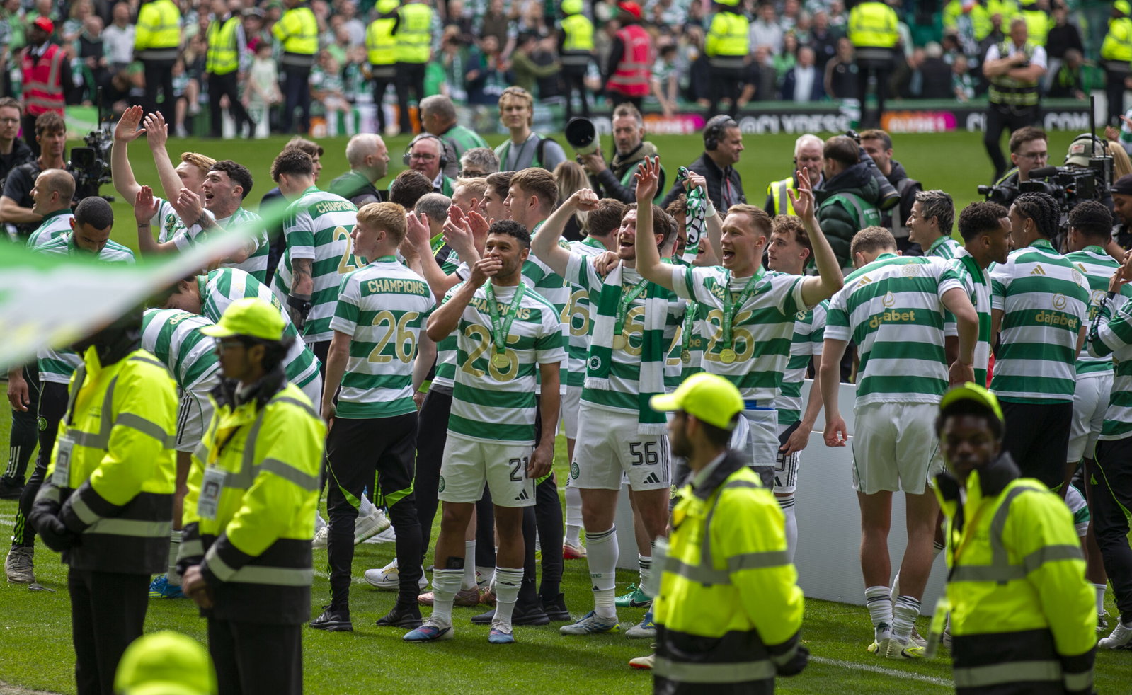CELTIC FC PLAYERS CELEBRATING THE SPFL TITLE AS CELTSAREHERE COVERS THE LATEST CELTIC NEWS