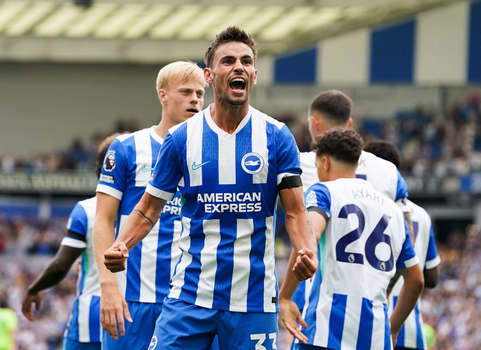 Brighton and Hove Albion's Matt O'Riley celebrates scoring the opening goal from the penalty spot during the Premier League match at the American Express Stadium, Brighton and Hove. Picture date: Saturday August 16, 2025.