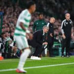 LASK head coach Dietmar Kuhbauer (centre) reacts as Celtic manager Martin O'Neill (right) looks on during the UEFA Champions League play-off first leg match at Celtic Park, Glasgow. Picture date: Wednesday August 19, 2026.