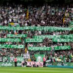 Celtic fans hold up banners referencing their teams failures against teams in Europe in previous seasons ahead of the William Hill Premiership match at Celtic Park, Glasgow. Picture date: Saturday August 29, 2026.