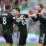 Celtic's Kasper Hogh (right) celebrates scoring their side's second goal of the game with team-mates Benjamin Nygren (left) and Kieran Tierney during the William Hill Premiership match at BBSP Stadium Rugby Park, Kilmarnock. Picture date: Sunday August 9,