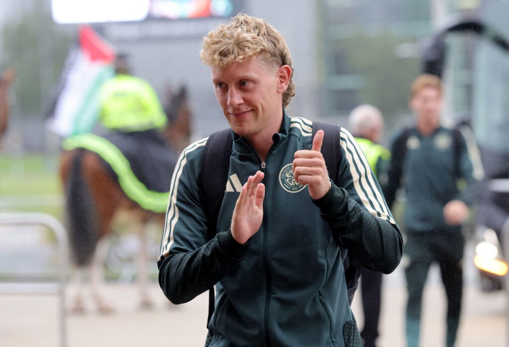 Oliver Sorensen giving a thumbs up at Celtic Park